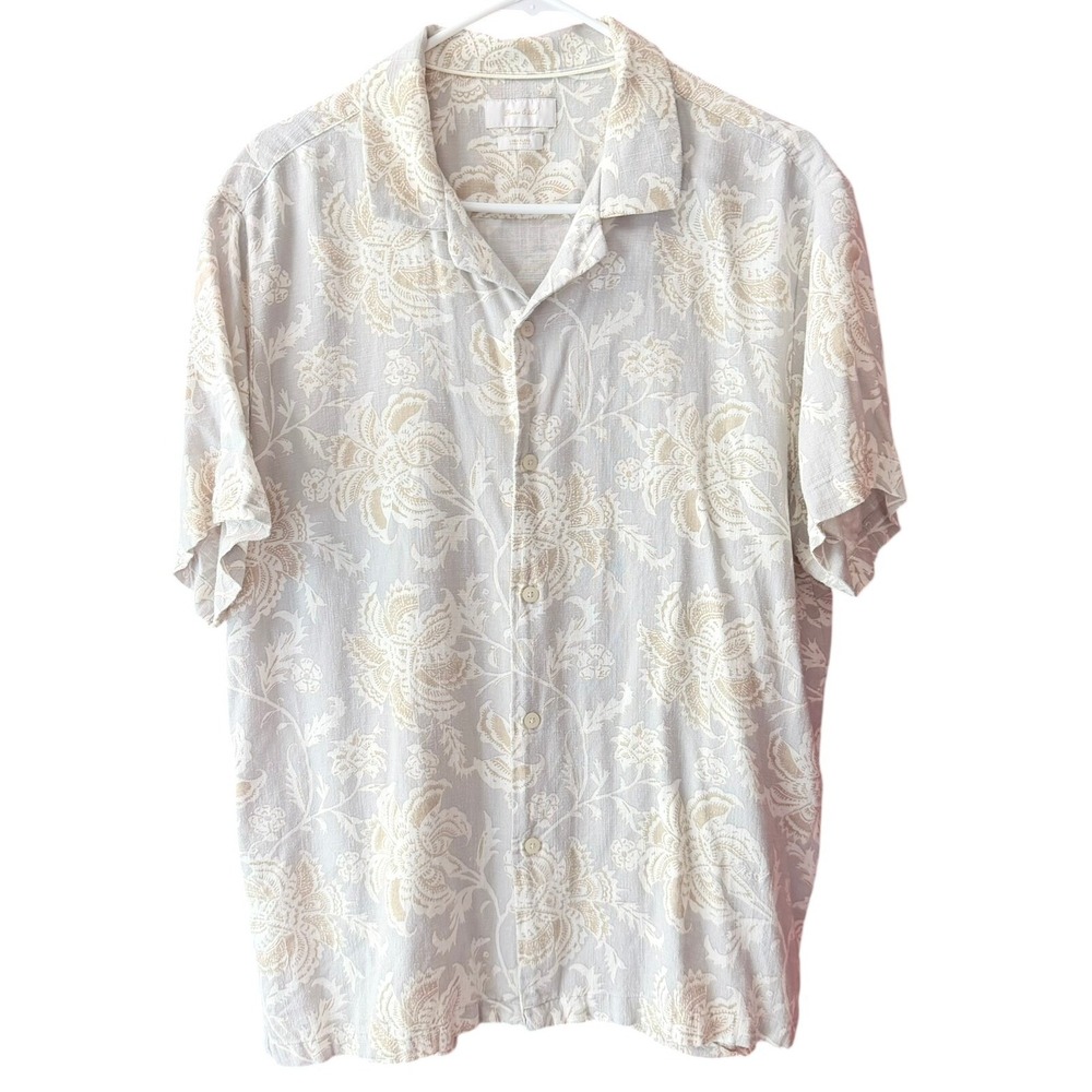 Porter & Ash Mens XL Linen Blend Short Sleeve Floral Paisley Camp Shirt Gray Tan